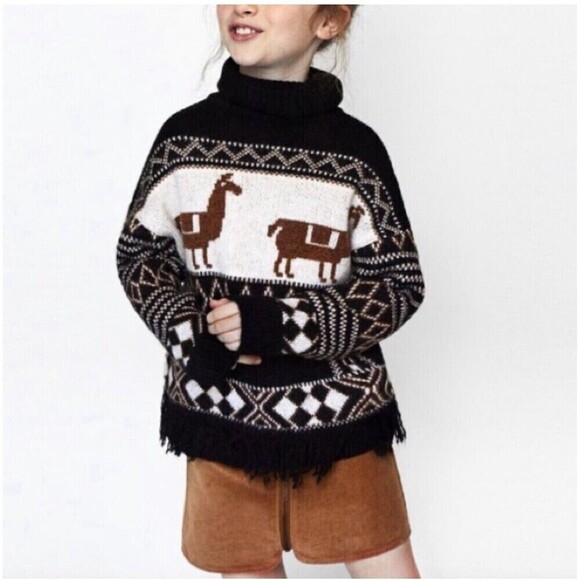 Zara Other - Zara Girls Alpaca Llama Western Print Cowl Neck Knit Sweater Fringed 13 14 Years